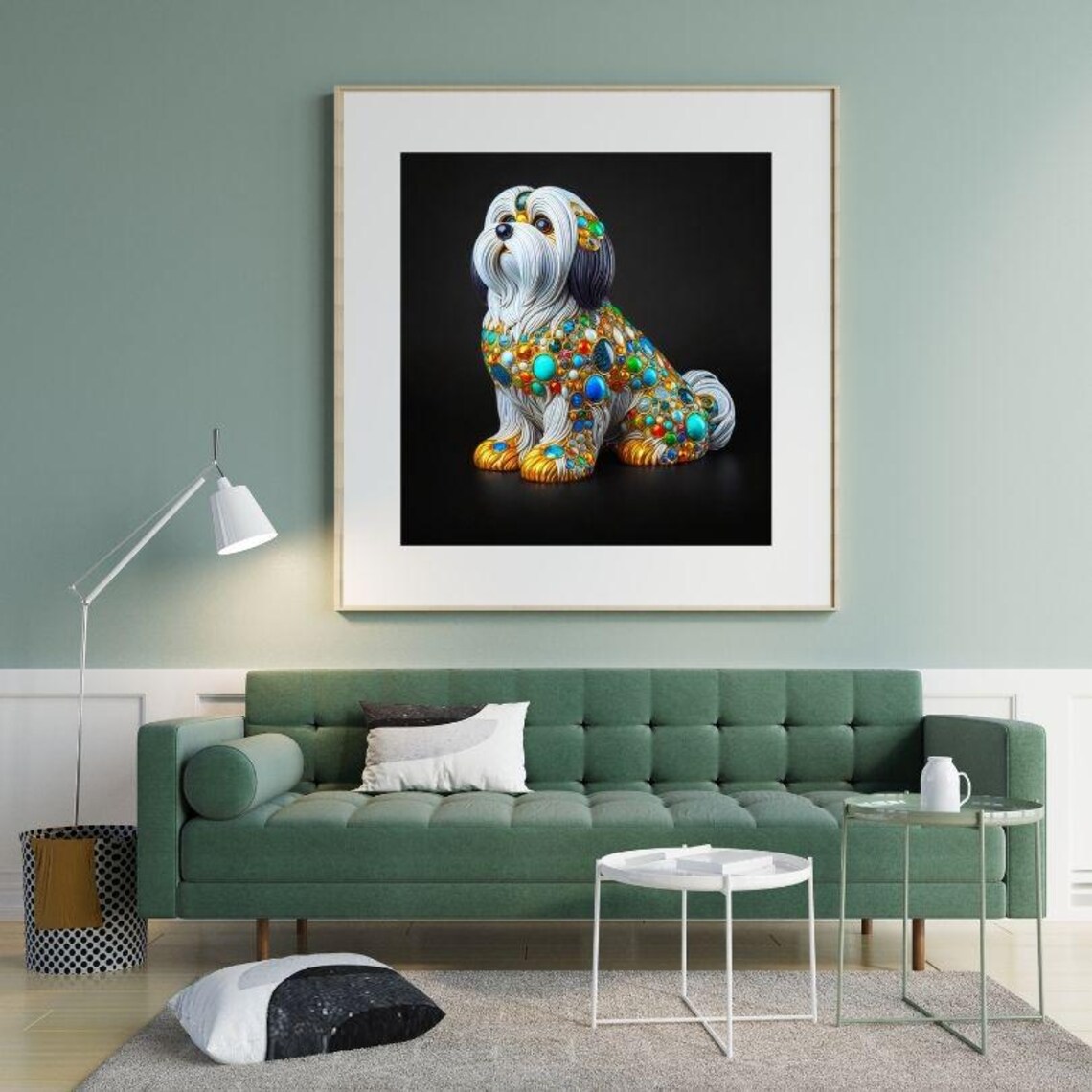 White Shih Tzu With Jeweled Mosaic Coat Modern Elegant Art Poster - Image 3