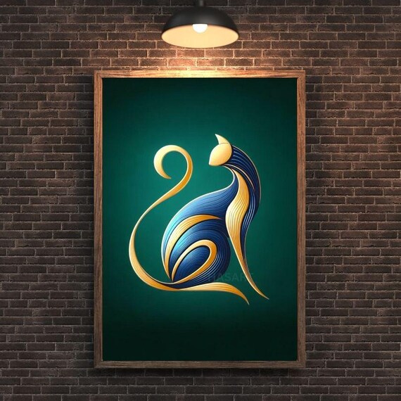Blue Gold Flowing Line Sitting Cat Minimalist Modern Art Poster