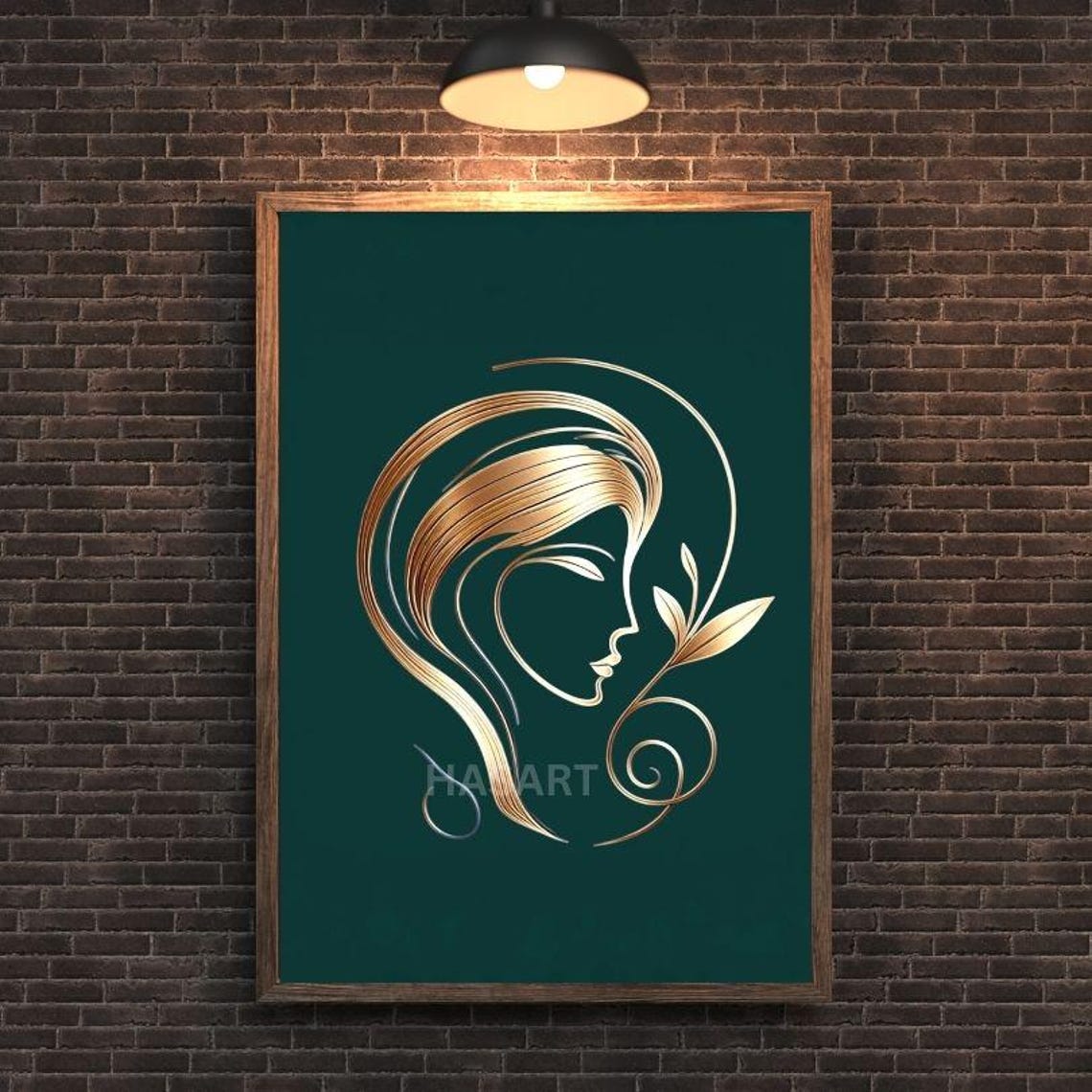 Serene Golden Woman Profile Line Art on Emerald Green Poster