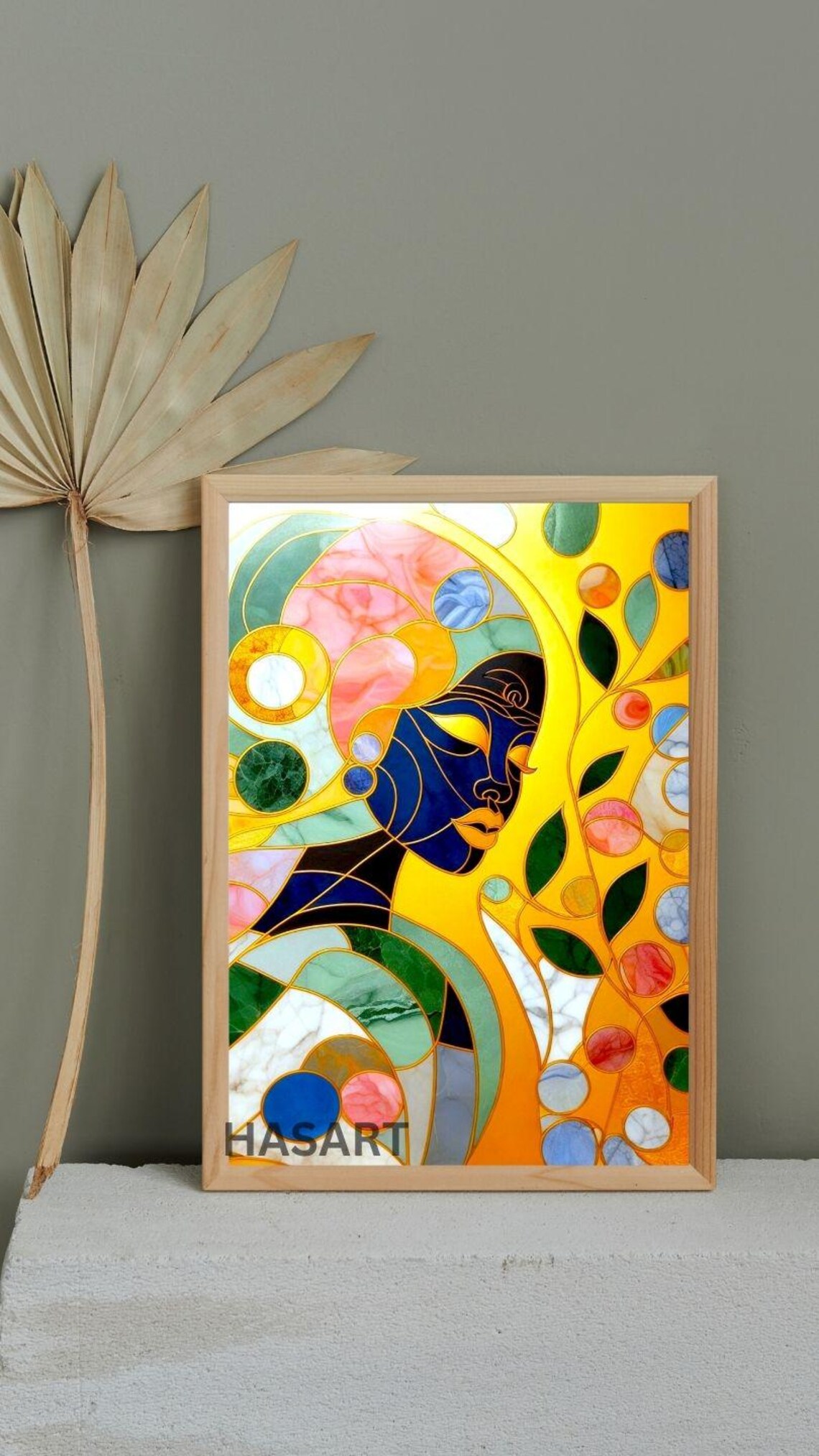 Mosaic Woman Portrait in Blue and Gold Stained Glass Art Poster