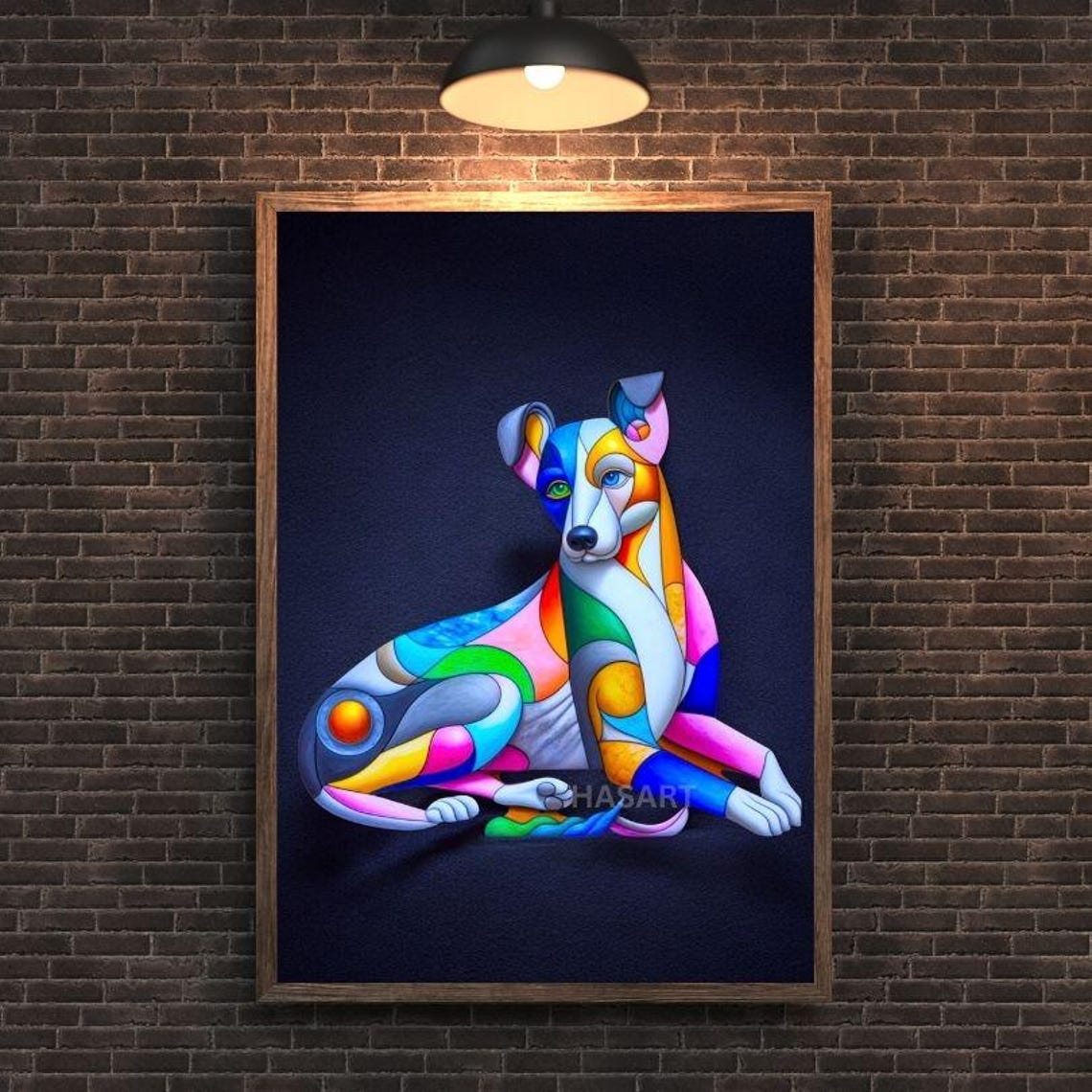 Rainbow Patchwork Sitting Dog in Colorful Mosaic Art Style Poster