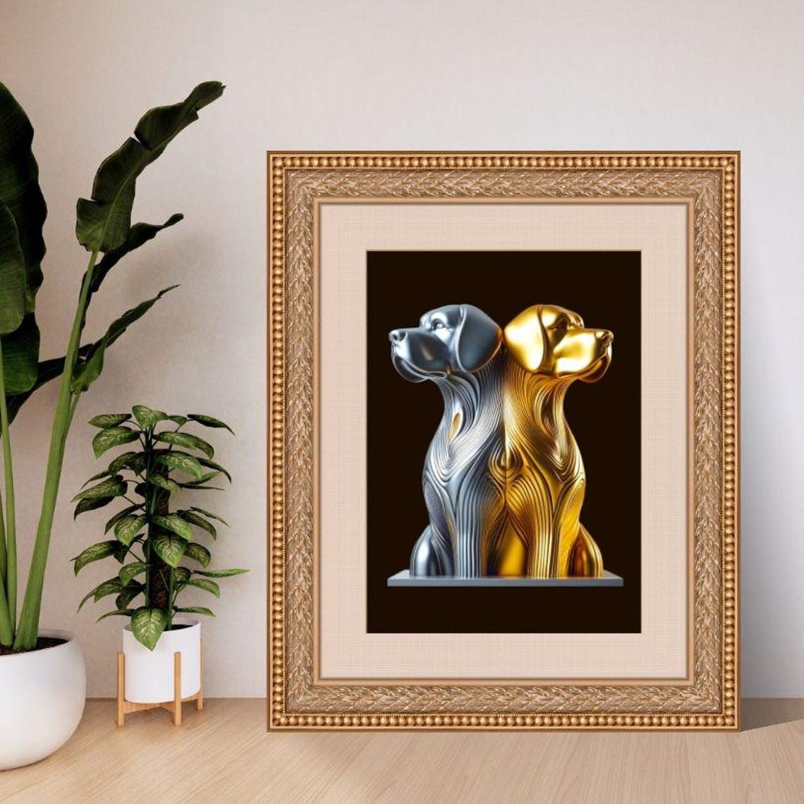 Twin Silver and Gold Dog Heads in a Mirrored Sculpture Poster - Image 2