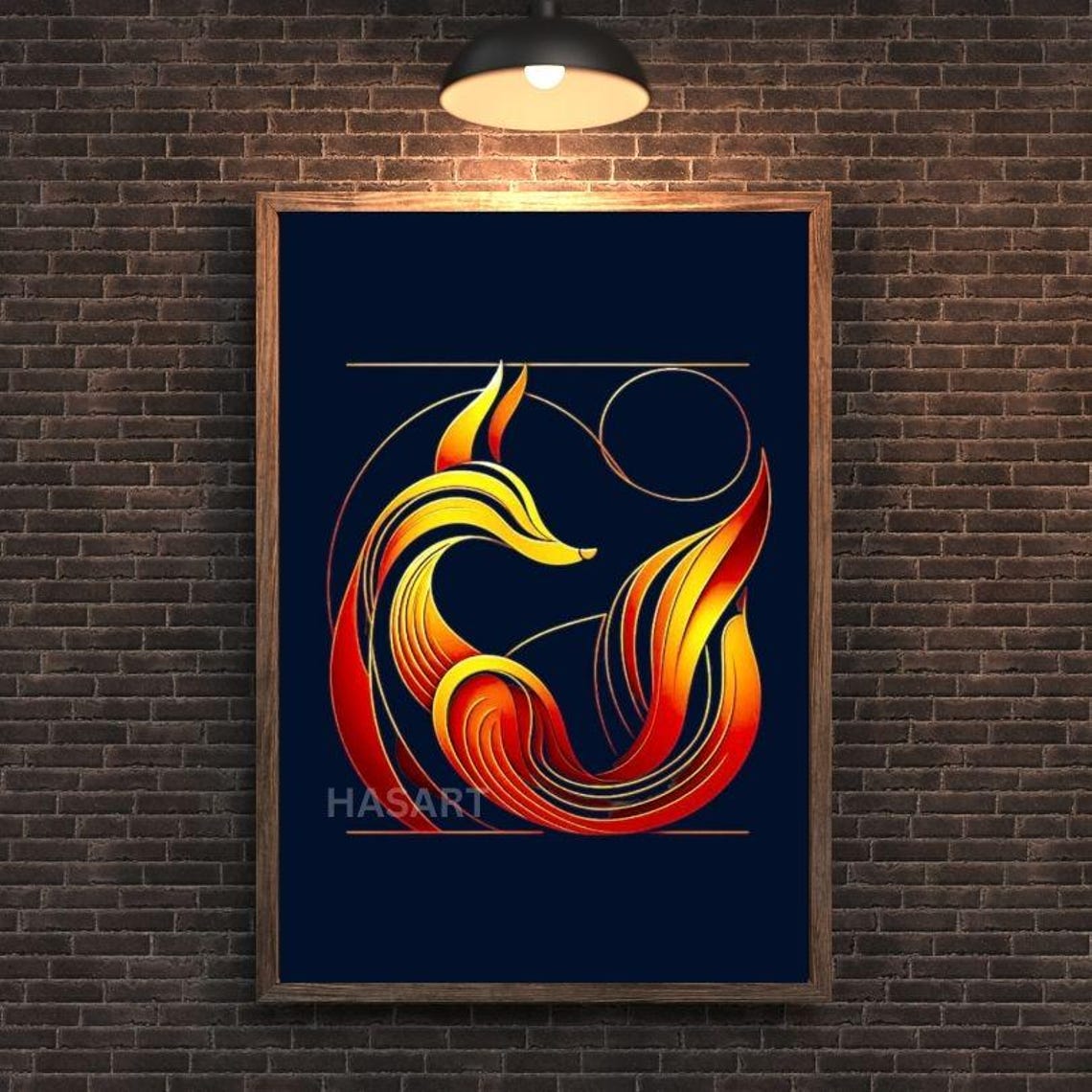 Fiery Orange Line Art Fox On Deep Navy Minimalist Art Poster