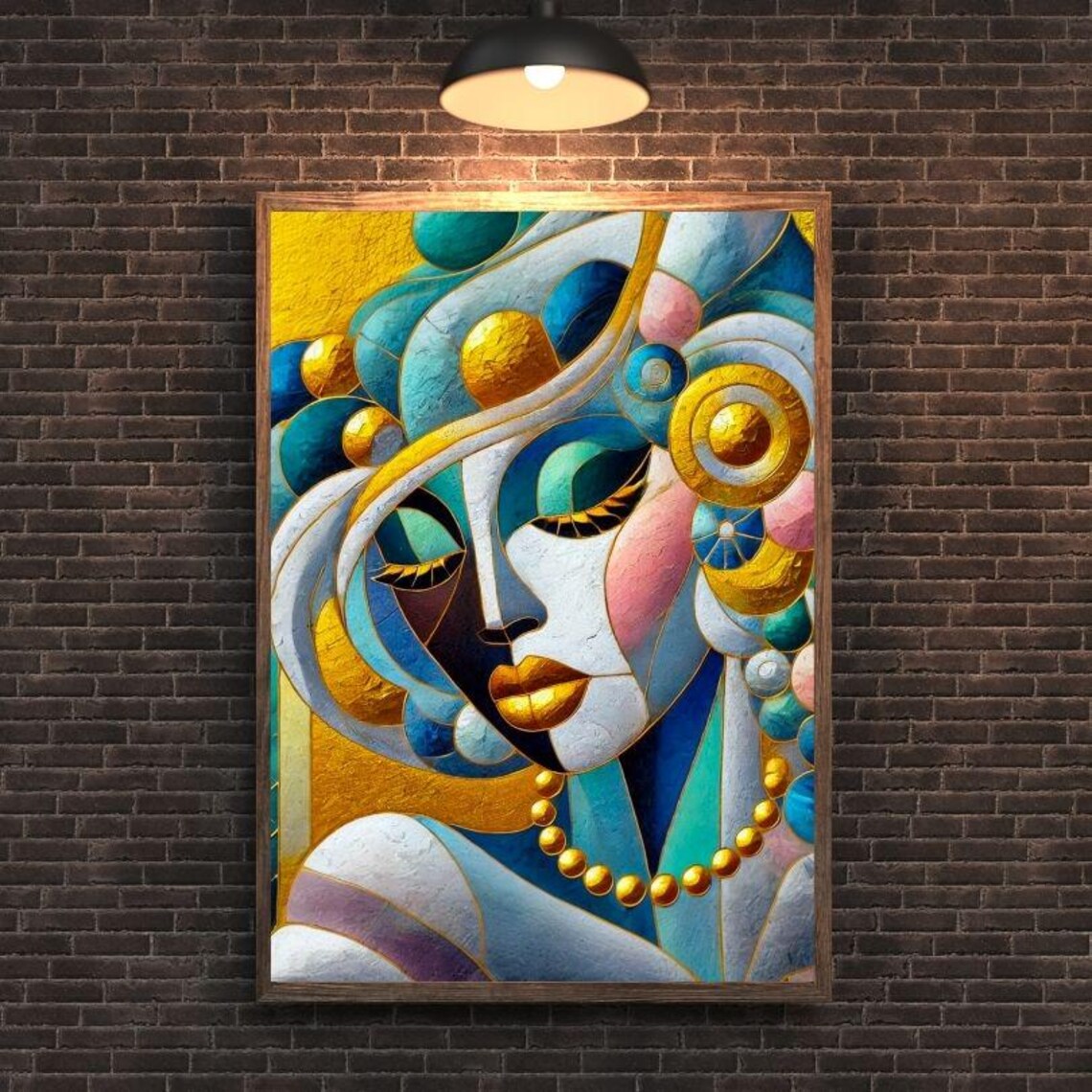 Art Deco Mosaic Woman Face in Blue Gold and Teal Geometric Poster