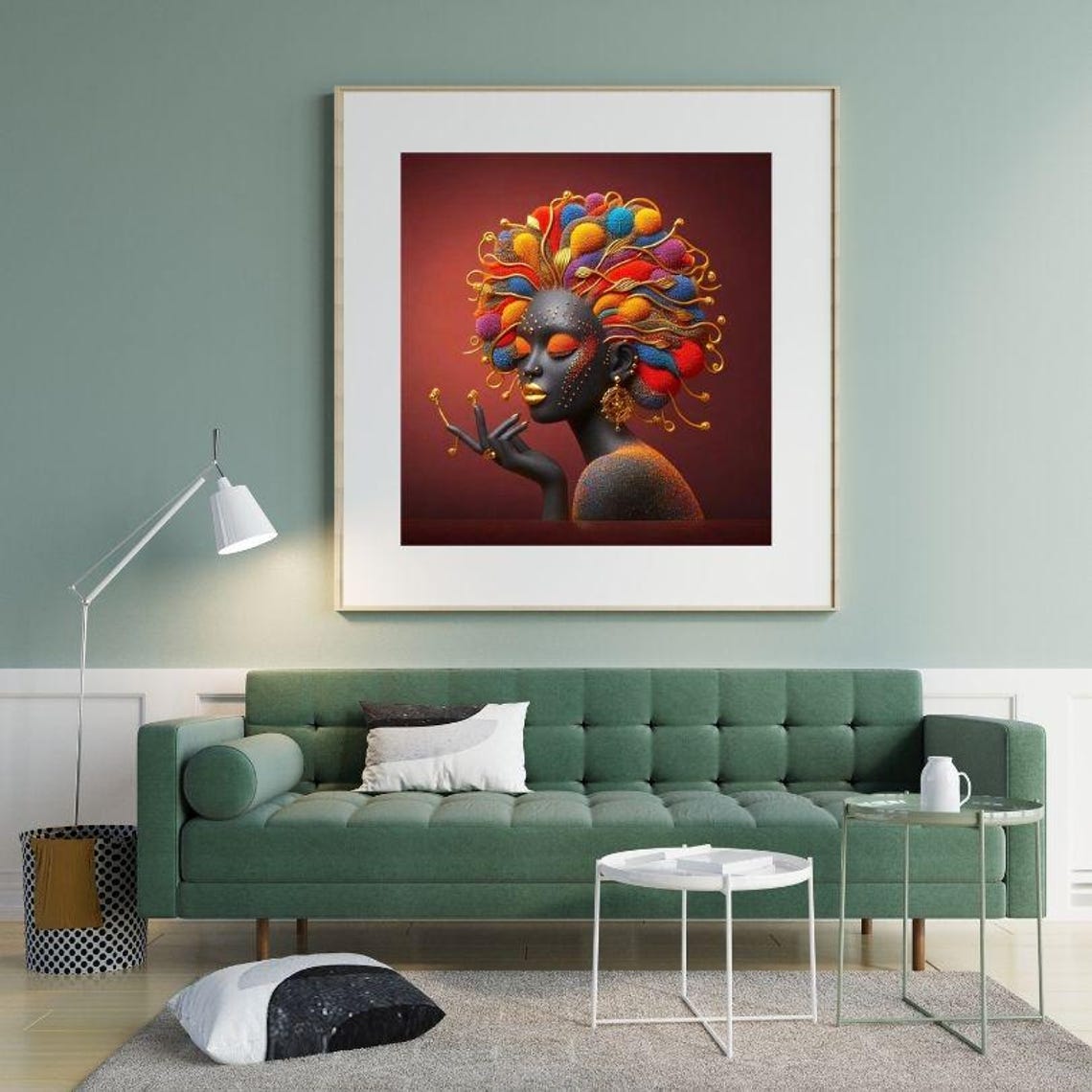 Vibrant Woman with Rainbow Afro and Gold Bead Jewelry Poster - Image 3