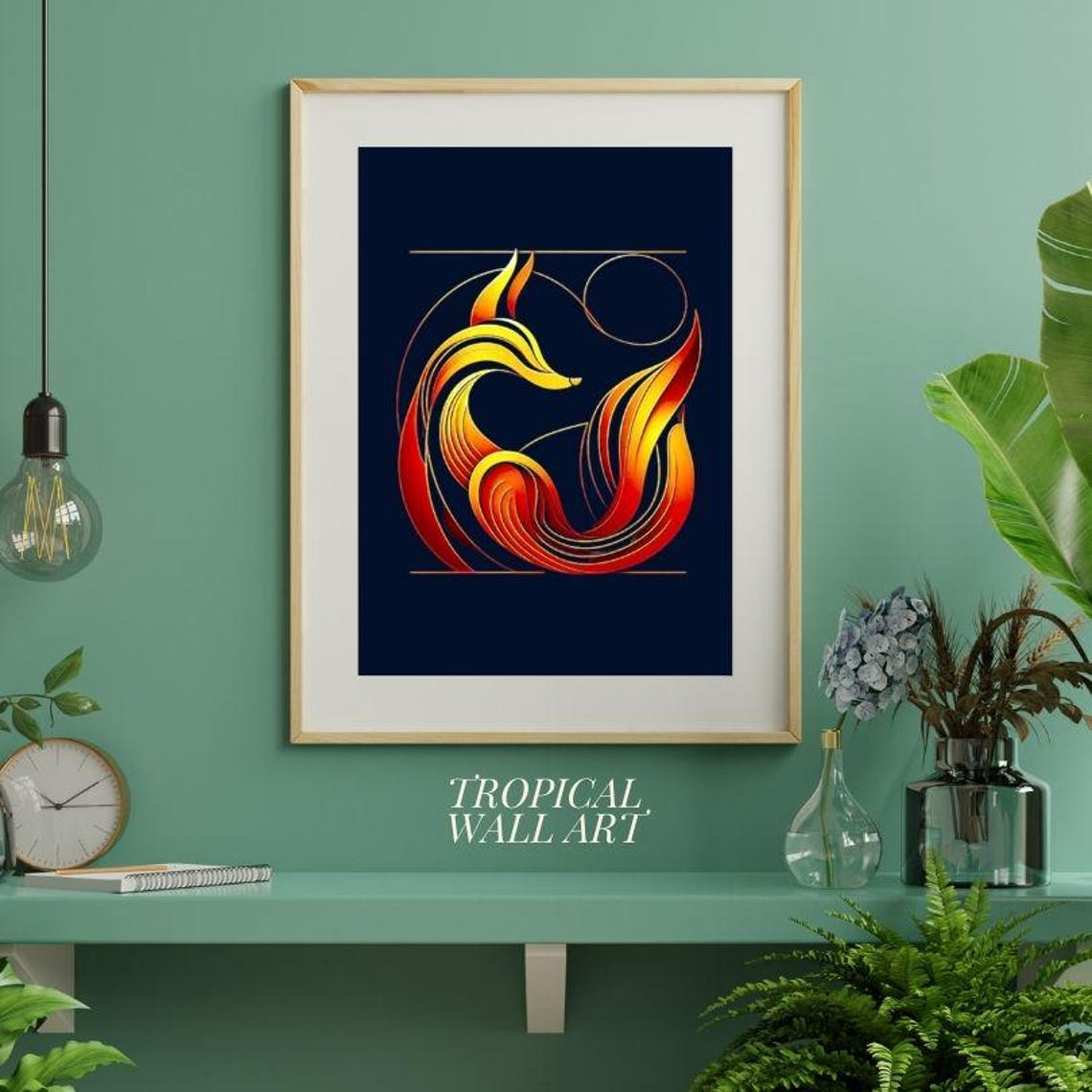 Fiery Orange Line Art Fox On Deep Navy Minimalist Art Poster - Image 2
