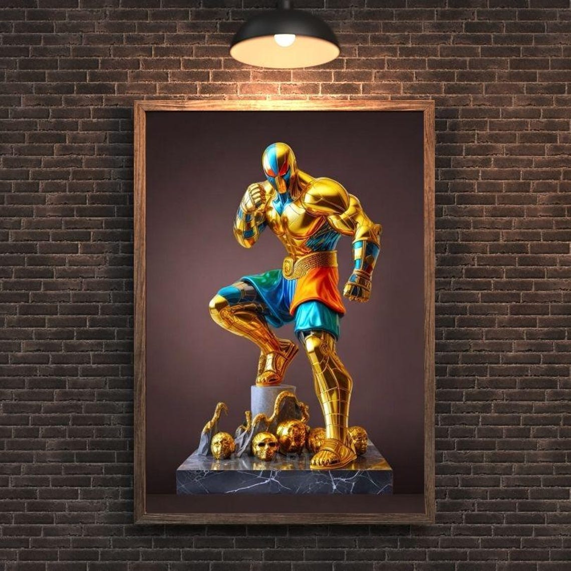 Golden Warrior Kickboxer Statue on Marble with Skull Base Poster