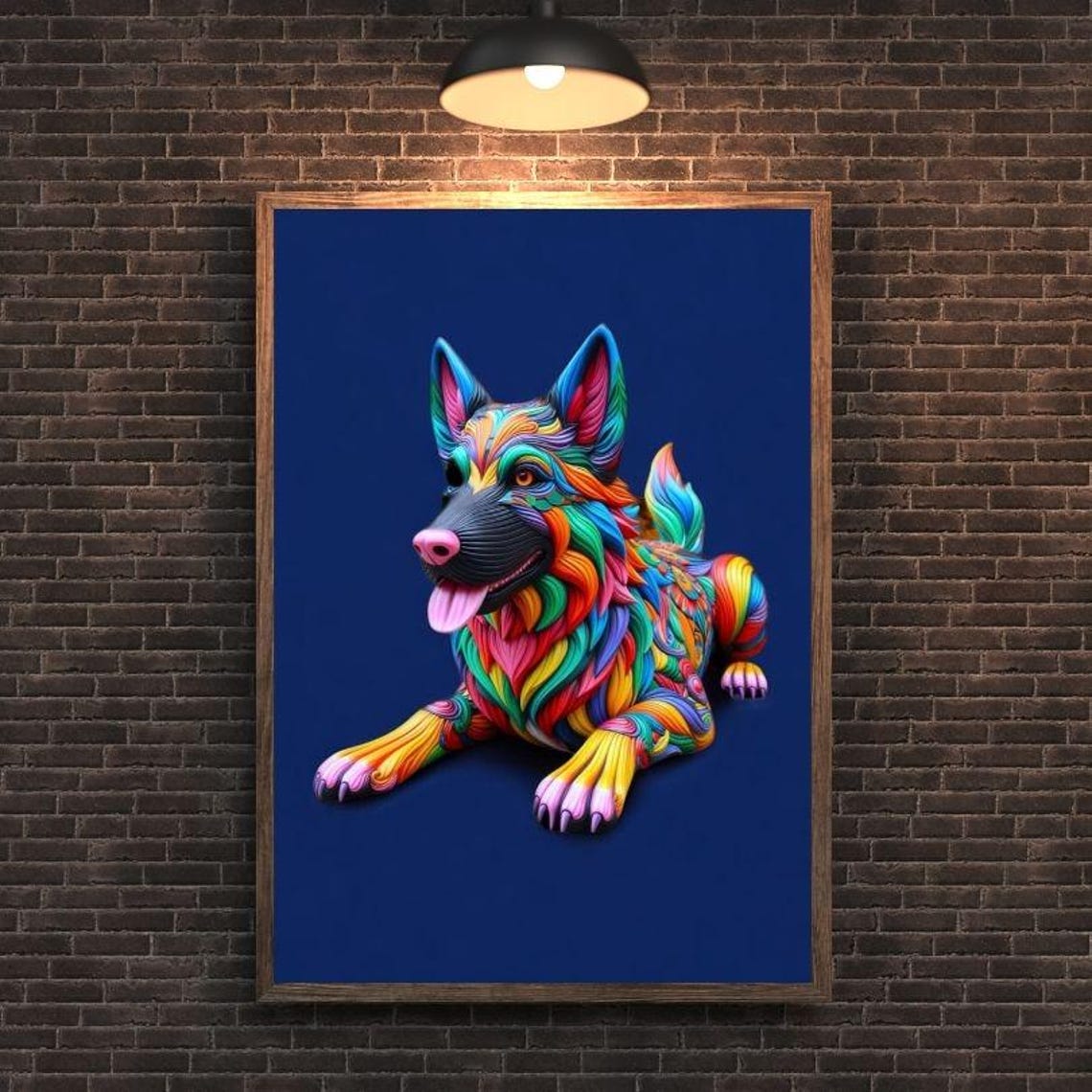 Rainbow German Shepherd with Tongue Out on Deep Navy Blue Art Poster