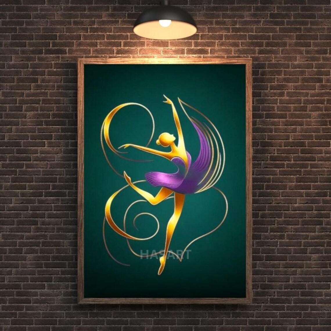 Golden Ballerina Dancer With Flowing Ribbons On Teal Art Poster