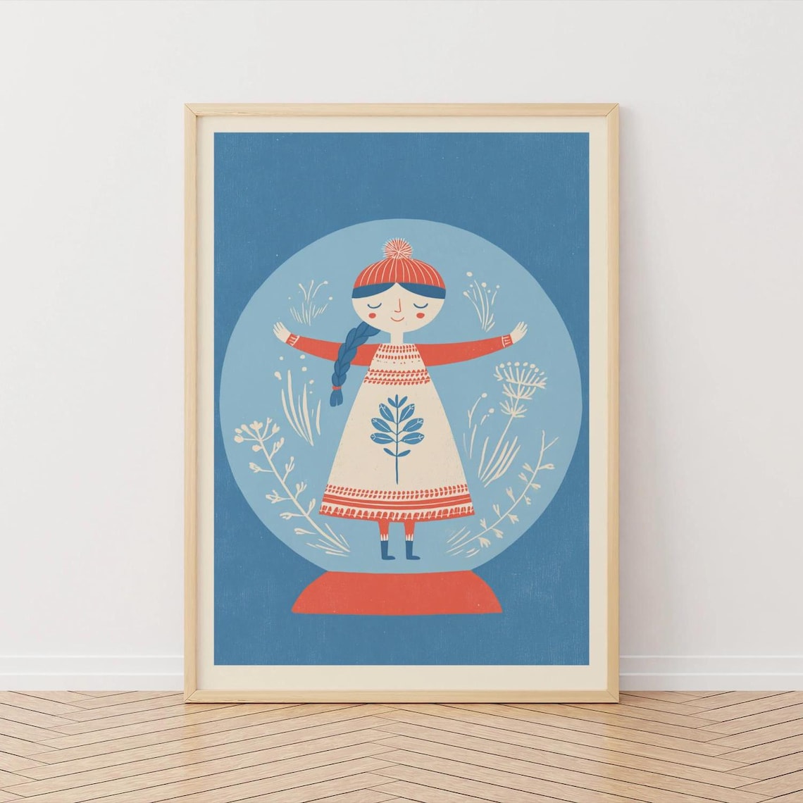 Scandinavian Snow Globe Girl in Red Dress Winter Folk Illustration Print