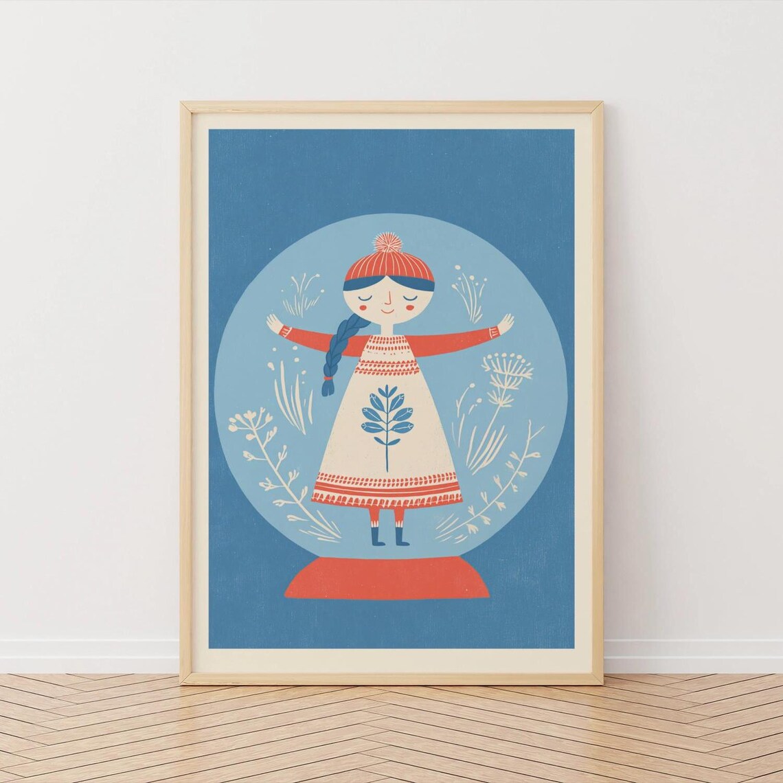 Snow Globe Girl Art Print Scandi Winter Folk Poster