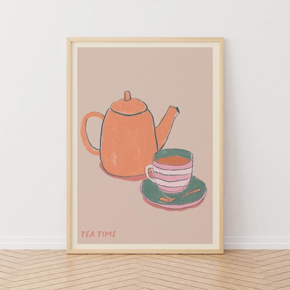 Orange Teapot and Striped Cup Tea Time Illustrated Kitchen Poster