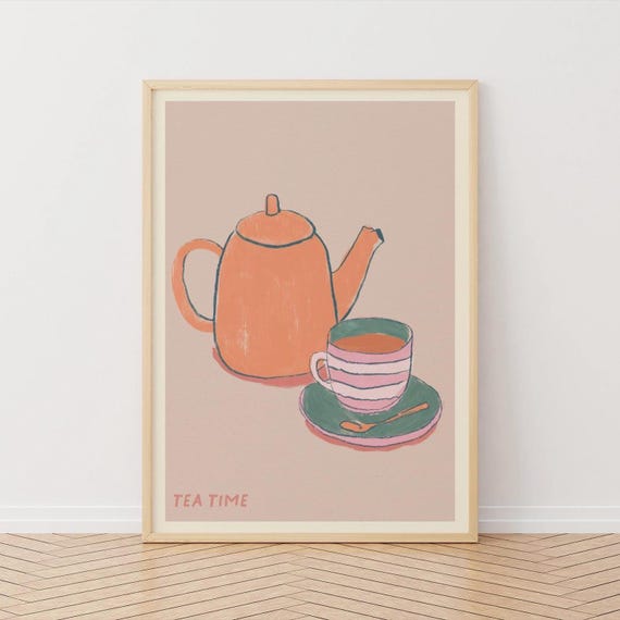Tea Time Art Print Illustrated Teapot Poster Kitchen Wall Decor
