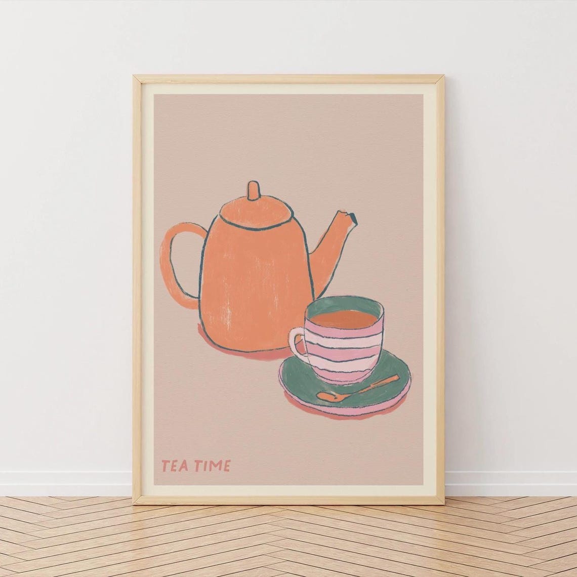Orange Teapot and Striped Cup Tea Time Illustrated Kitchen Poster