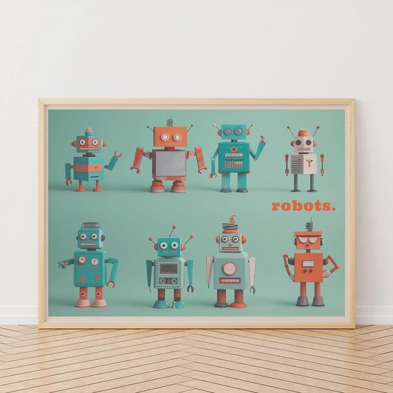 Eight Retro Tin Toy Robots in Two Colorful Rows Kids Bedroom Poster