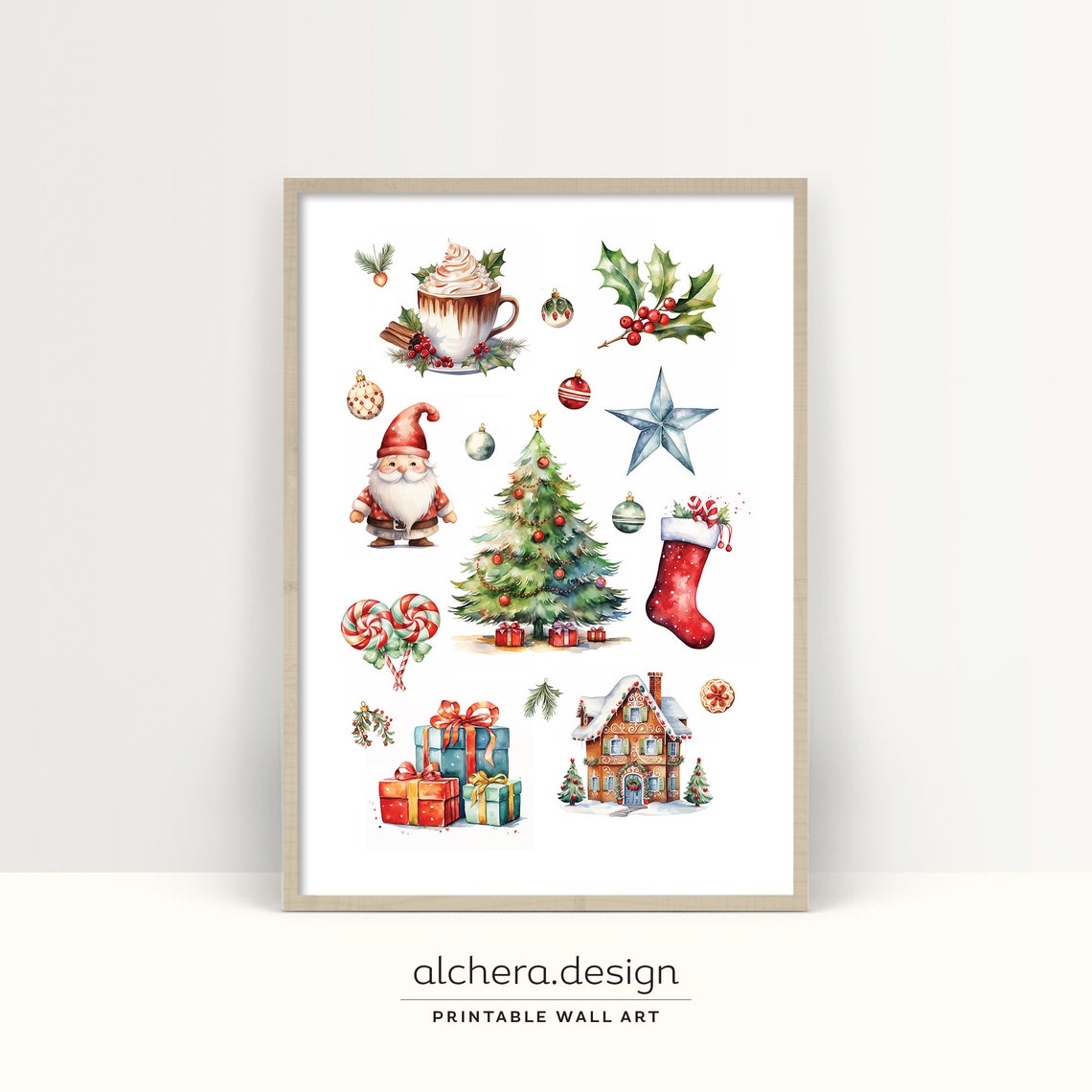 Watercolor Christmas Collection Gnome Tree Cocoa Holiday Art Poster