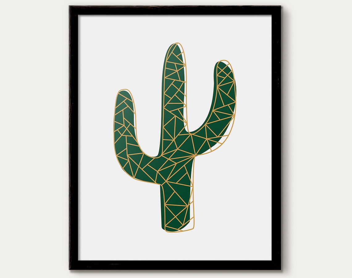 Geometric Gold Line Green Cactus Modern Botanical Art Poster