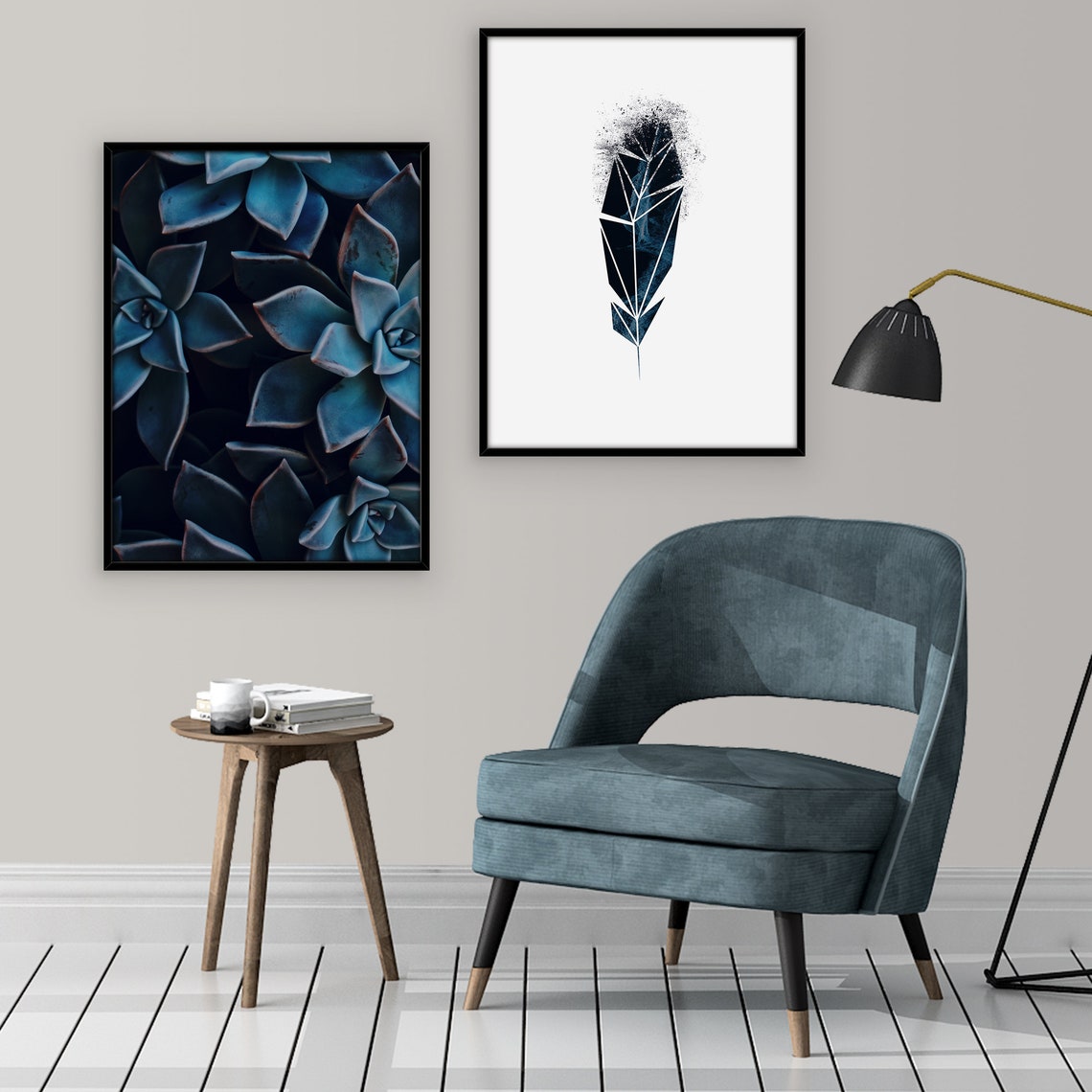 Blue Geometric Feather Modern Abstract Watercolor Art Poster - Image 2