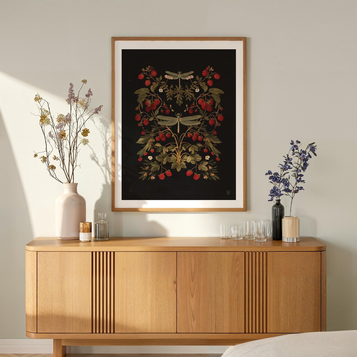 Raspberries And Dragonflies Dark Moody Vintage Botanical Art Poster - Image 2