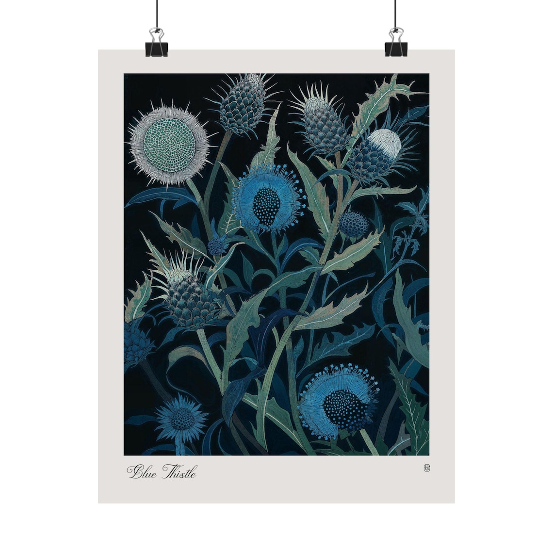 Blue Thistle Floral Art Print, Rustic Woodcut Style
