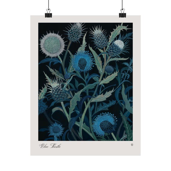 Blue Thistle Floral Art Print, Rustic Woodcut Style
