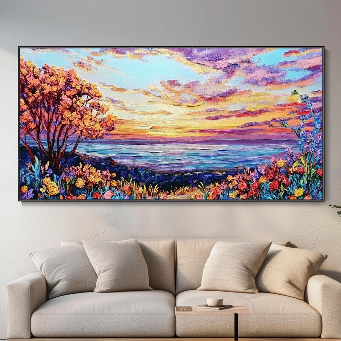 Ocean Sunset Flowers Oil Painting Palette Knife Seascape Blooms Wall Art Print