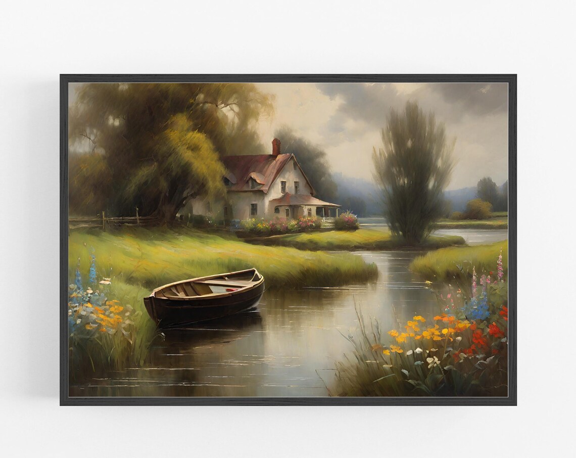 Lakeside Cottage with Rowboat and Wildflowers Vintage Landscape Poster - Image 3