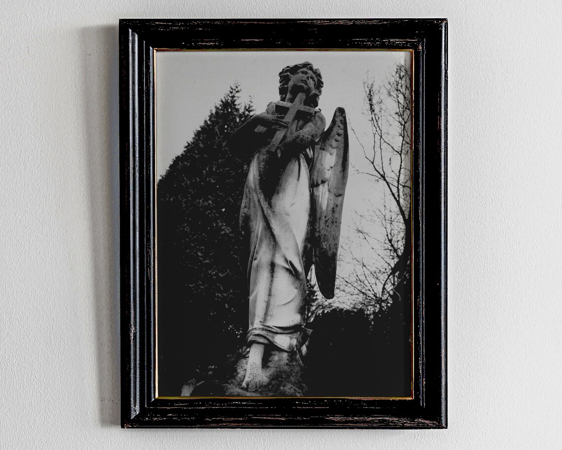 Stone Angel Statue Holding Cross Cemetery Black White Photo Poster