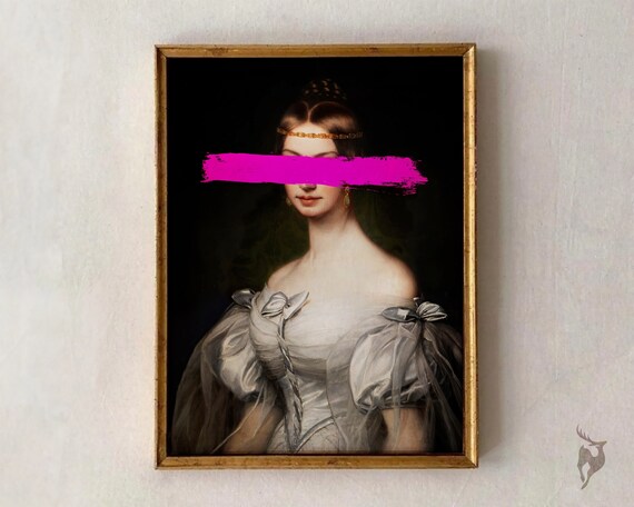 Altered Baroque Portrait Neon Pink Eye Stripe Moody Eclectic Wall Art