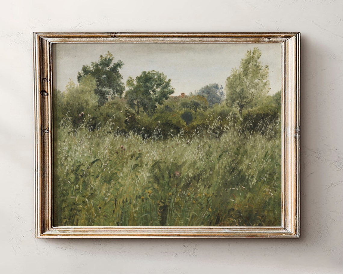 French Countryside Meadow Vintage Landscape Painting Wall Art