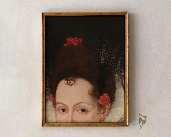 Half Face Baroque Woman Portrait Red Ribbon Vintage Oil Poster