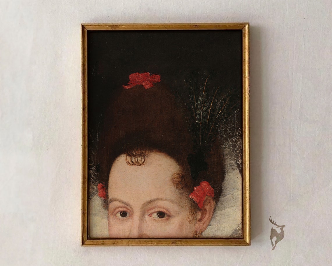 Half Face Baroque Woman Portrait Red Ribbon Vintage Oil Poster