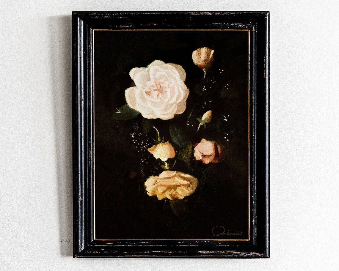 Moody White Roses on a Dark Background Vintage Floral Still Life Poster