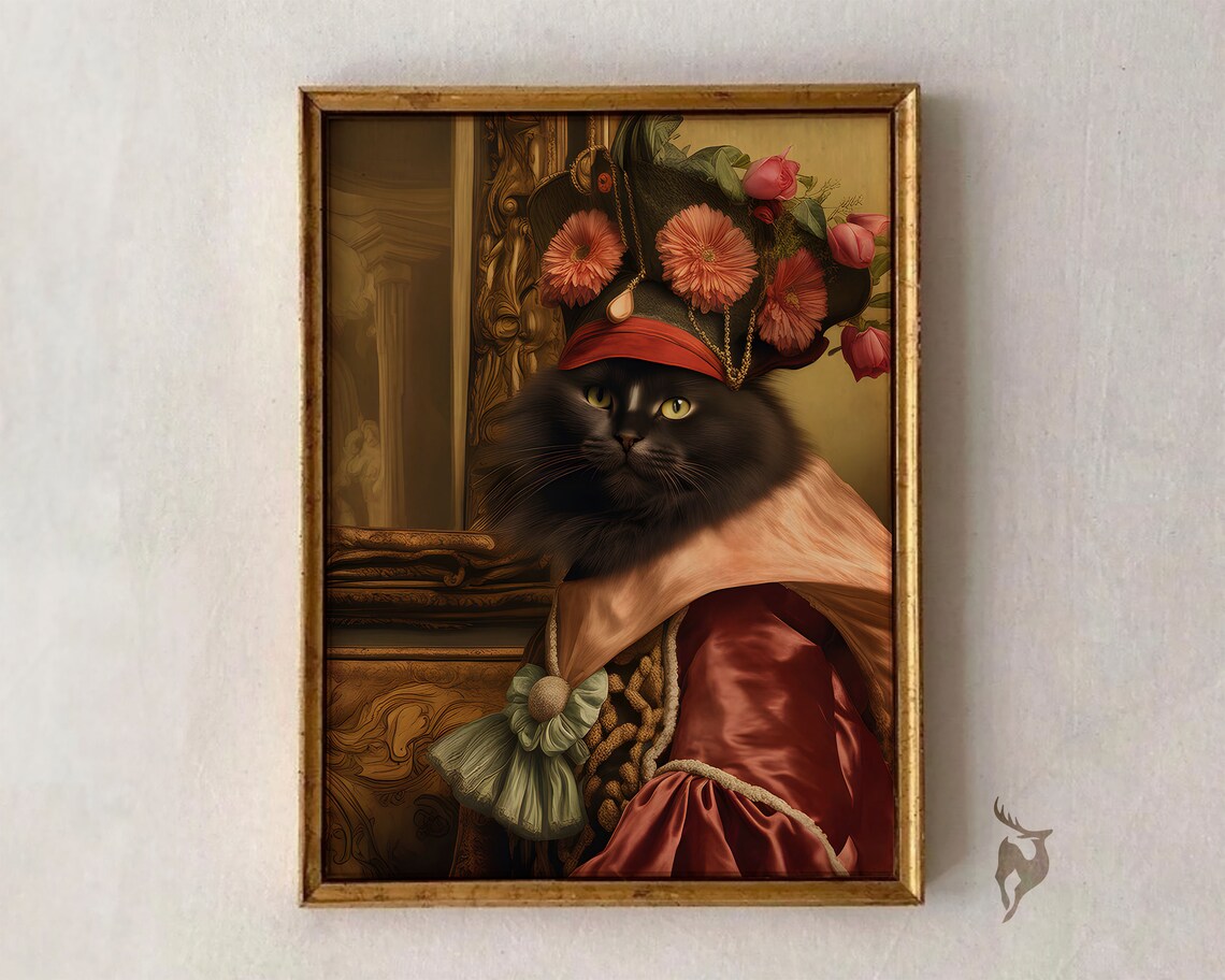 Baroque Black Cat Portrait Flower Hat Renaissance Oil Painting Print