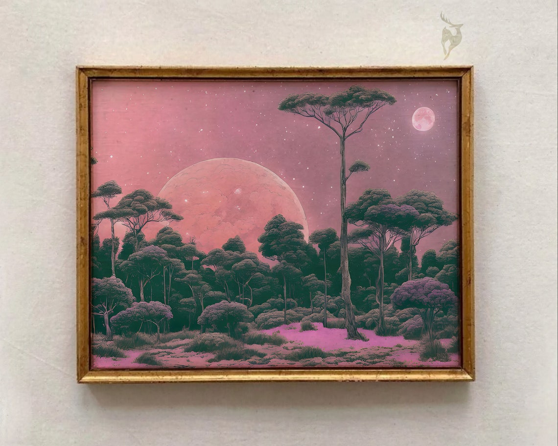 Giant Pink Moon Over Forest Night Sky Surreal Celestial Poster