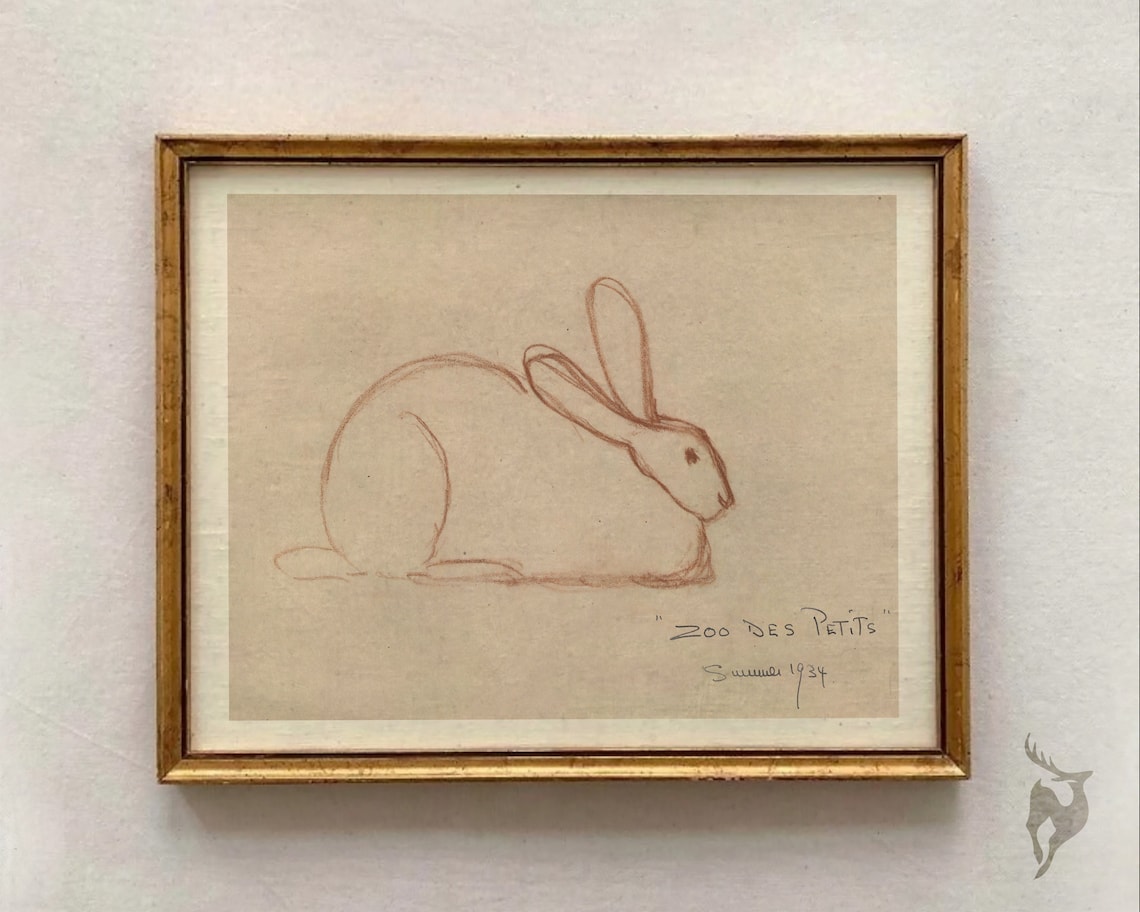 Rabbit Drawing Print, Vintage Nursery Bunny Decor