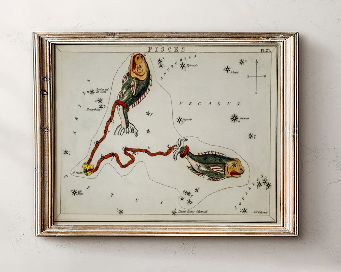Pisces Vintage Zodiac Star Map Antique Constellation Night Poster