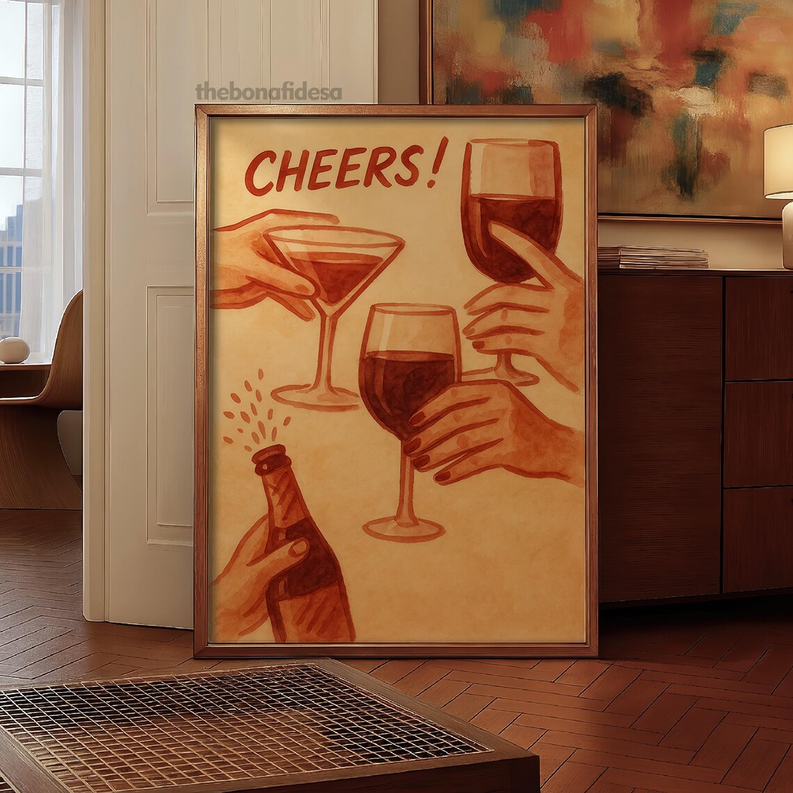 Cheers Wine Glasses Toast Terracotta Watercolor Kitchen Bar Art Print