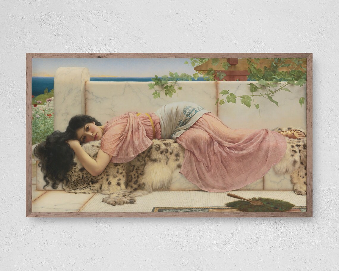 Classical Beauty in Pink Gown Reclining by the Sea Art Poster