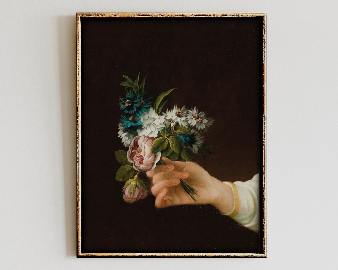 Hand Holding Flower Bouquet Dark Vintage Oil Painting Romantic Art Poster