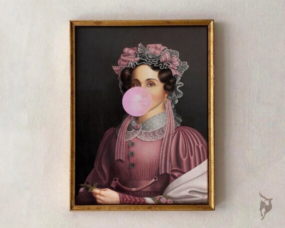 Bubblegum Classical Portrait Lady Mauve Dress Lace Bonnet Art Poster