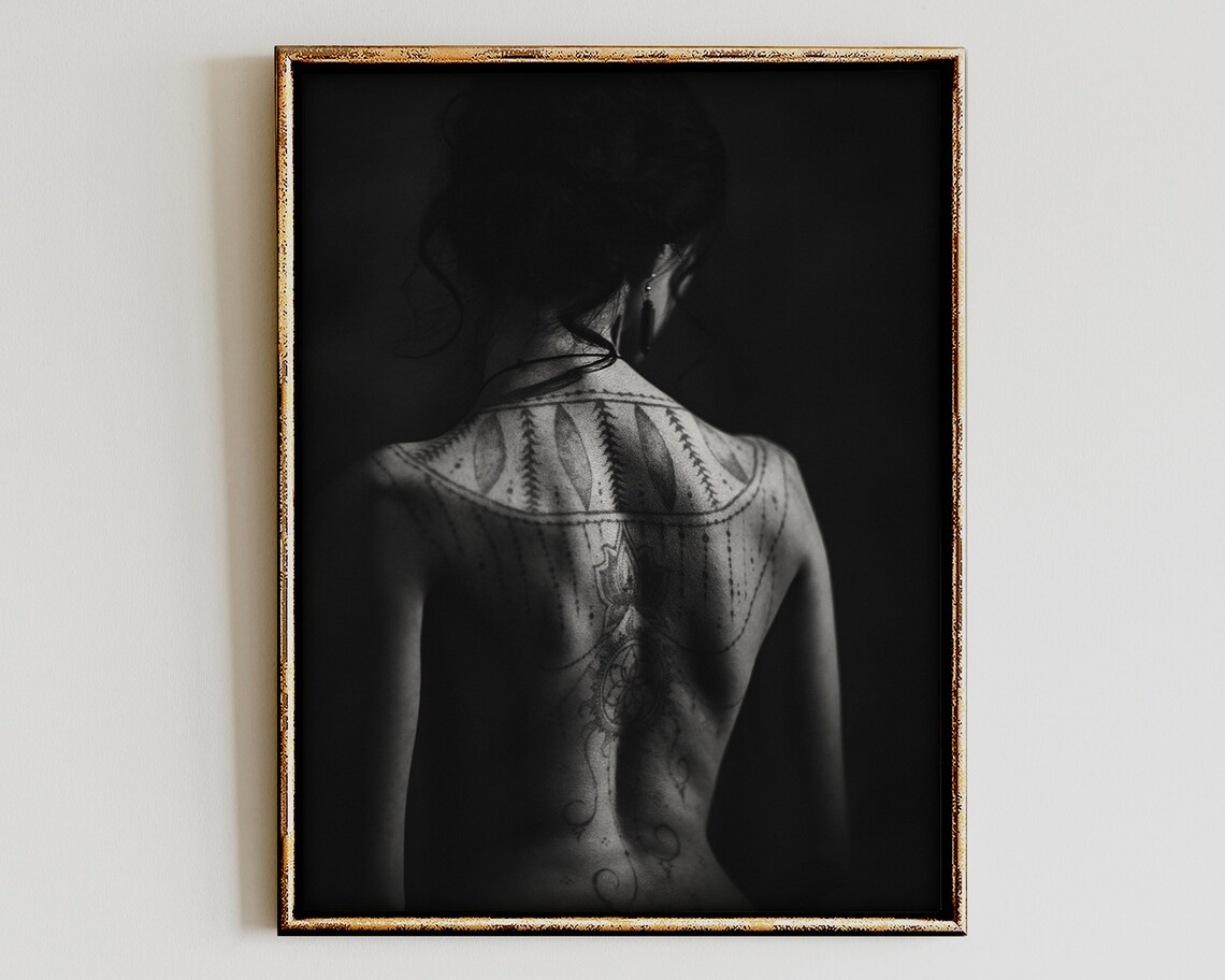 Black And White Tattooed Woman Back Bohemian Arabesque Portrait Photo Art Print