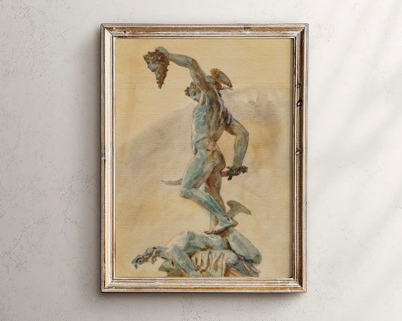 Dark Academia Decor Gothic Goddess Statue Greek Mythology Above Bed Watercolor Vintage Poster Male Figure Wall Art