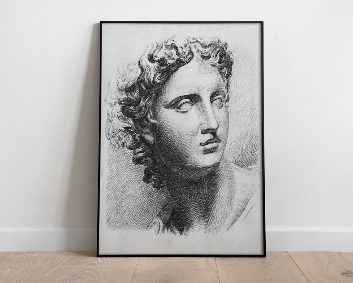 Apollo Classical Statue Head Charcoal Sketch Academic Art Poster