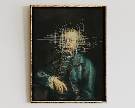Gentleman in Teal Coat with Scribbled Faceless Head Quirky Altered Art Poster