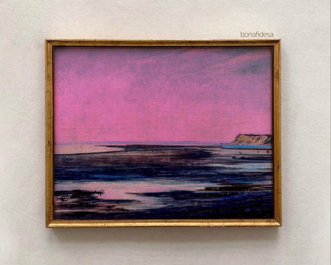 Hot Pink Sky Indigo Sea Rocky Headland Moody Seascape Oil Poster