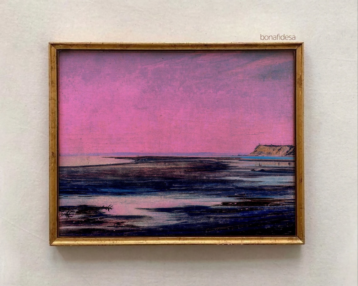 Surreal Pink Sky Dark Blue Sea Moody Seascape Oil Painting Poster
