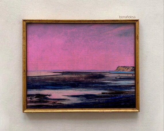 Hot Pink Sky Indigo Sea Rocky Headland Moody Seascape Oil Poster
