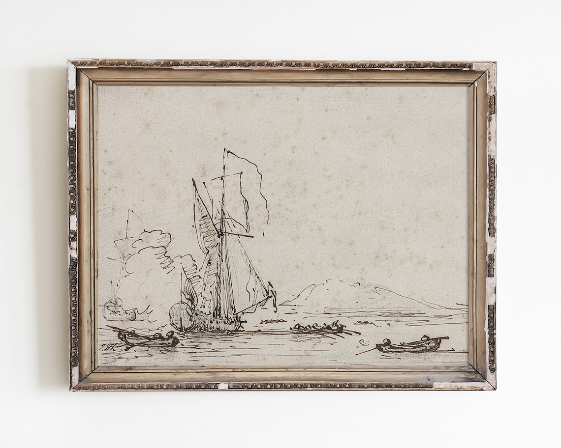 Vintage Pen and Ink Sketch of Sailboats Antique Nautical Art Poster