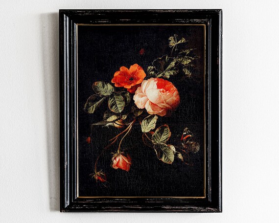 Moody Antique Rose Floral Oil Painting Vintage Botanical Poster